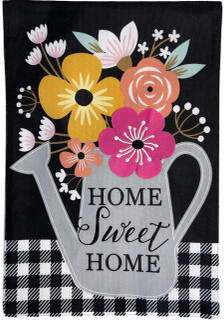 Briarwood Lane colorful spring garden flag with vibrant flowers and 'Home Sweet Home' on watering can.