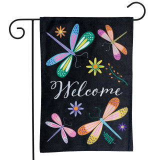 Briarwood Lane colorful dragonfly garden flag with welcome text, vibrant spring design on burlap background.
