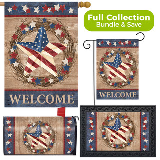 Briarwood Lane Americana Barnstar Patriotic Design Collection garden flag, doormat, mailbox cover, and indoor/outdoor decorative set.