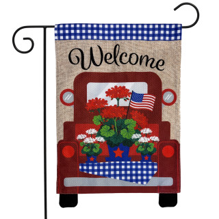 Red truck garden flag with flowers and American flag, Briarwood Lane patriotic burlap welcome sign.