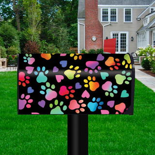 Briarwood Lane Rainbow Pawprints Mailbox Cover with colorful paw prints and hearts on black background.