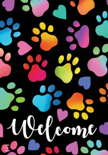 Briarwood Lane Rainbow Pawprints Welcome House Flag with colorful pawprints and hearts on black background.