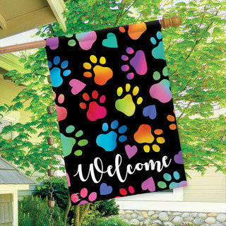 Rainbow pawprints and hearts on black house flag with Welcome text, Briarwood Lane brand outdoor decor.