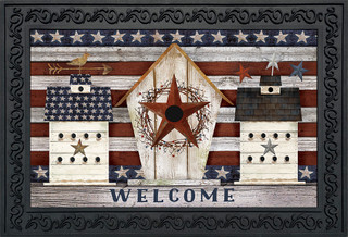 Briarwood Lane Rustic American Birdhouse Primitive Doormat with patriotic stars and welcome message on rustic background.
