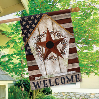 Rustic American Birdhouse Primitive House Flag by Briarwood Lane with star and welcome design.