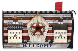 Rustic American Birdhouse Primitive Mailbox Cover by Briarwood Lane with patriotic birdhouses and star design.