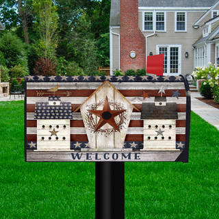 Rustic American Birdhouse Primitive Mailbox Cover by Briarwood Lane, patriotic design with birdhouses and stars.