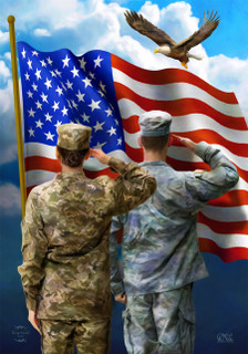 Briarwood Lane America's Heroes Patriotic House Flag with soldiers saluting and American flag.