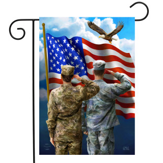 Briarwood Lane America's Heroes Patriotic Garden Flag with soldiers saluting American flag and eagle.