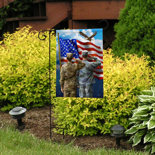 Briarwood Lane America's Heroes Patriotic Garden Flag with soldiers and American flag design.