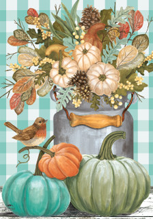 Briarwood Lane Pastel Pumpkins Fall Garden Flag with colorful pumpkins and bird on rustic background.