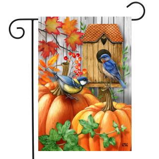 Briarwood Lane Fall Beauty Birds Garden Flag with pumpkins, blue birds, and birdhouse design.