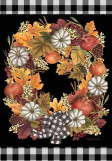 Briarwood Lane Fall Pumpkin Wreath Floral Garden Flag with autumn leaves and pumpkins on black background.