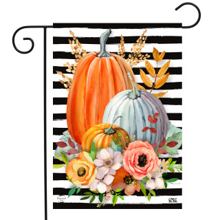 Briarwood Lane striped pumpkins garden flag with orange, white pumpkins, flowers on black and white stripes.