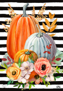 Briarwood Lane striped pumpkins garden flag with autumn flowers on black and white stripes background.