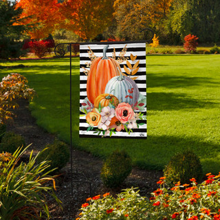 Briarwood Lane striped pumpkins garden flag with orange, white, and floral design on black stripes.