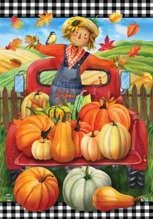 Briarwood Lane Pumpkin Pickup Scarecrow Fall Garden Flag with scarecrow and various colored pumpkins.