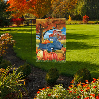 Briarwood Lane Welcome To The Patch Fall Garden Flag with autumnal truck and pumpkin design.