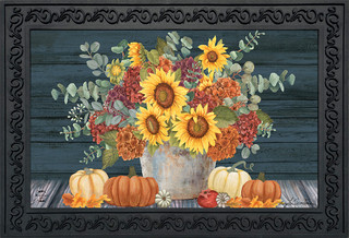 Briarwood Lane Sunflowers And Hydrangeas Fall Doormat with sunflowers, hydrangeas, and pumpkins on rustic background.