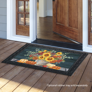 Briarwood Lane Sunflowers And Hydrangeas Fall Doormat with sunflowers, hydrangeas, and pumpkins on wood floor.