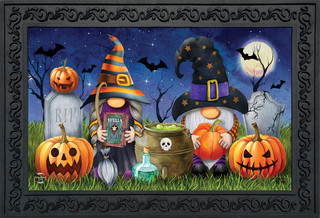 Briarwood Lane Halloween Gnomes Humor Doormat with orange pumpkins and gnomes in witch hats outdoors.