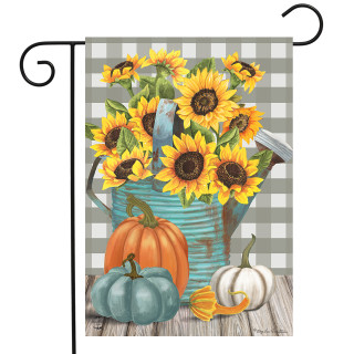 Briarwood Lane garden flag with sunflowers, pumpkins, and gingham background, perfect fall decoration outdoor display.