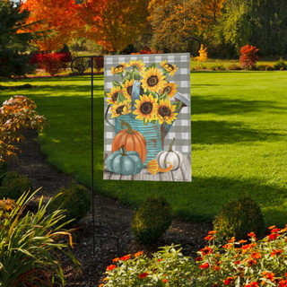 Briarwood Lane Sunflower Watering Can Fall Garden Flag with sunflowers and pumpkins on gray checkered background.