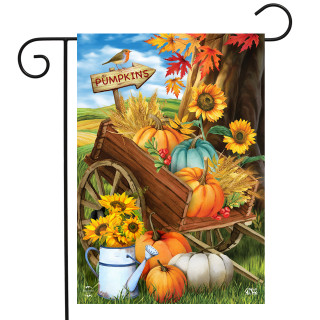 Briarwood Lane Pumpkin Cart Autumn Garden Flag with vibrant pumpkins and sunflowers on a wooden cart.
