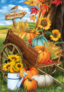 Briarwood Lane Pumpkin Cart Autumn Garden Flag with vibrant pumpkins and sunflowers in a rustic scene.