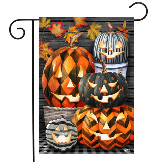 Briarwood Lane Patterned Jack-O-Lanterns Halloween Garden Flag with orange black and gray pumpkins design.