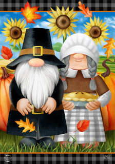 Briarwood Lane Thanksgiving Gnomes Humor Garden Flag with pilgrim and woman holding pie surrounded pumpkins.