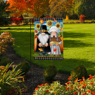Briarwood Lane Thanksgiving Gnomes Humor Garden Flag with autumn gnomes and sunflowers design.