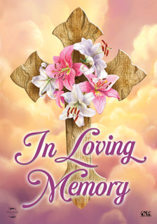 Briarwood Lane In Loving Memory Cross Bereavement Garden Flag with colorful floral design and decorative text.