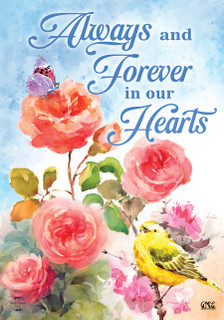 Briarwood Lane Always and Forever Flowers Bereavement Garden Flag with colorful roses, bird, and butterfly.