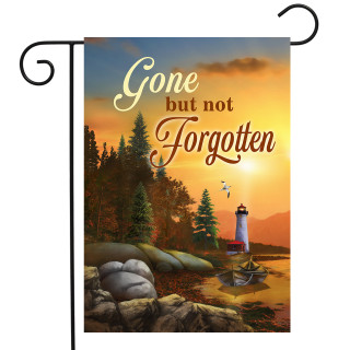 Briarwood Lane small printed Gone But Not Forgotten garden flag with colorful autumn lighthouse scene.