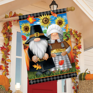 Briarwood Lane Thanksgiving Gnomes Humor House Flag, colorful decorative garden flag for autumn porch display.