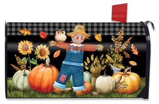 Briarwood Lane Friendly Scarecrow Autumn Large mailbox cover with colorful fall scene and decorative pumpkins.