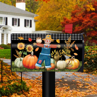 Briarwood Lane Friendly Scarecrow Autumn Large Oversized Mailbox Cover with colorful fall design on black background.