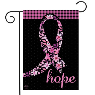 Briarwood Lane Hope Ribbon Floral Garden Flag with pink flowers and checkered border, colorful decorative display.