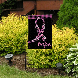 Briarwood Lane Hope Ribbon garden flag with pink floral design on black background outdoor yard decor.