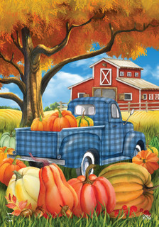 Briarwood Lane Welcome To The Patch Fall House Flag with colorful autumn harvest scene printed.