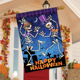 Briarwood Lane Dancing Skeletons Halloween House Flag, colorful, festive, small, printed decorative seasonal porch display.