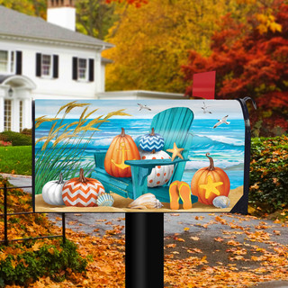 Briarwood Lane Fall At The Beach colorful mailbox cover with autumn seasonal decorative design on porch.