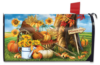 Briarwood Lane Pumpkin Cart Autumn Mailbox Cover, colorful fall scene with pumpkins and sunflowers.