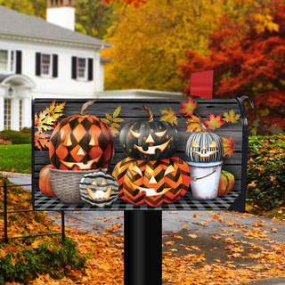 Briarwood Lane Patterned Jack-O-Lanterns Halloween Mailbox Cover, colorful decorative seasonal display for autumn porch.