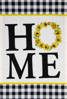 Briarwood Lane small printed garden flag with colorful sunflowers and cheerful "HOME" on burlap background.