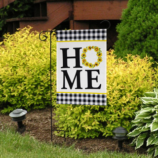 Briarwood Lane small printed garden flag with colorful sunflower wreath and "HOME" on burlap background.