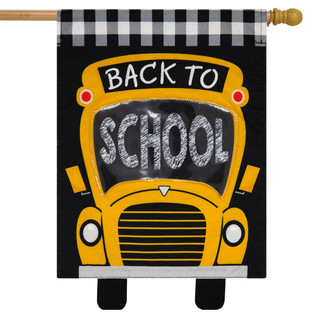 Briarwood Lane Back to School burlap house flag with colorful school bus design on black background.