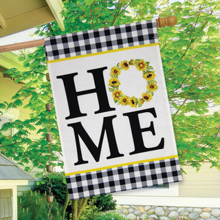 Briarwood Lane small printed house flag with colorful sunflower wreath and HOME text on burlap background.