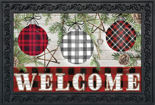 Briarwood Lane Christmas doormat with colorful plaid ornaments and welcome message for holiday porch display.